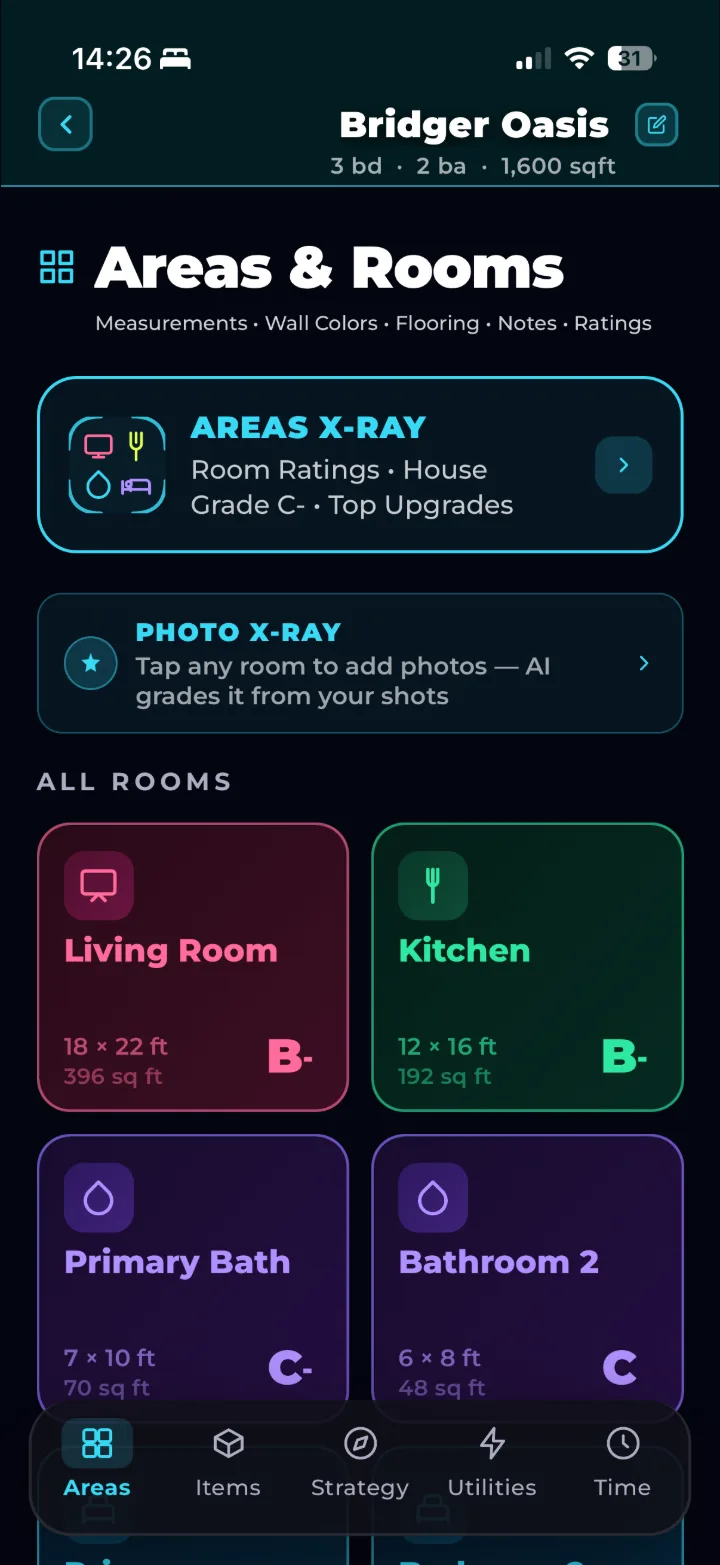 SCREENSHOT 1 — Areas & Rooms: Living Room B-, Kitchen B-, Primary Bath C-, Bathroom 2 C grade cards