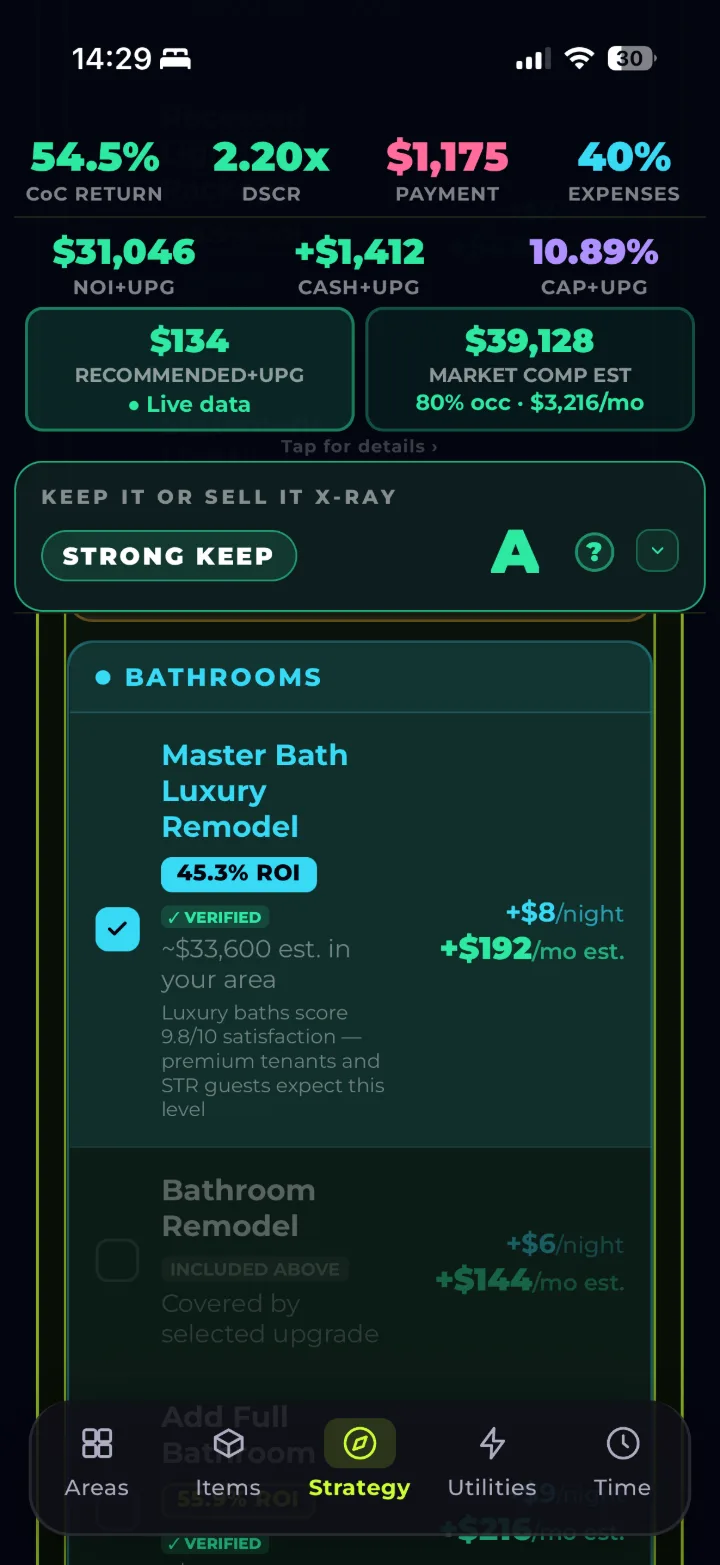 SCREENSHOT 2 — Strategy panel: 54.5% CoC Return, 2.20x DSCR, STRONG KEEP grade A