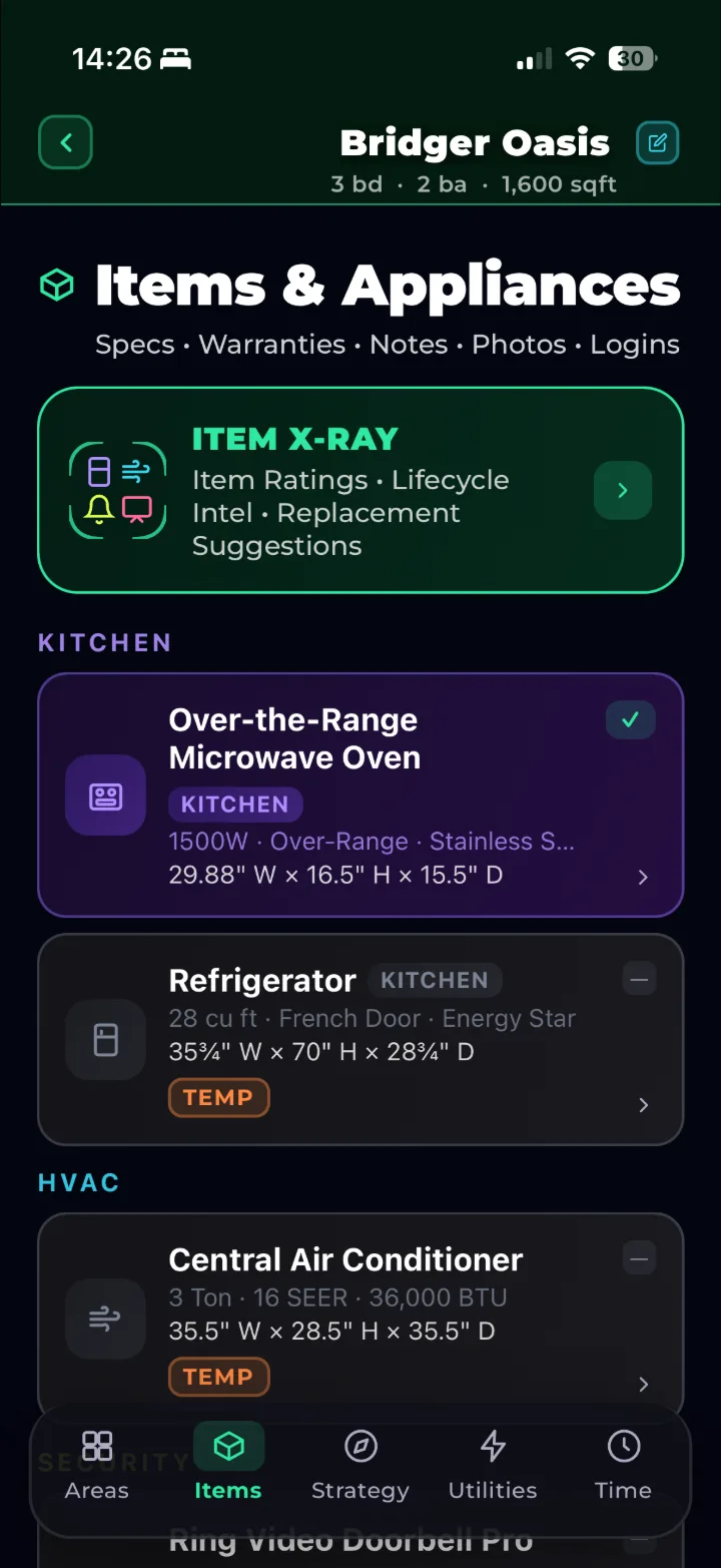 SCREENSHOT 6 — Items & Appliances: microwave, refrigerator, central air conditioner with specs and warranties